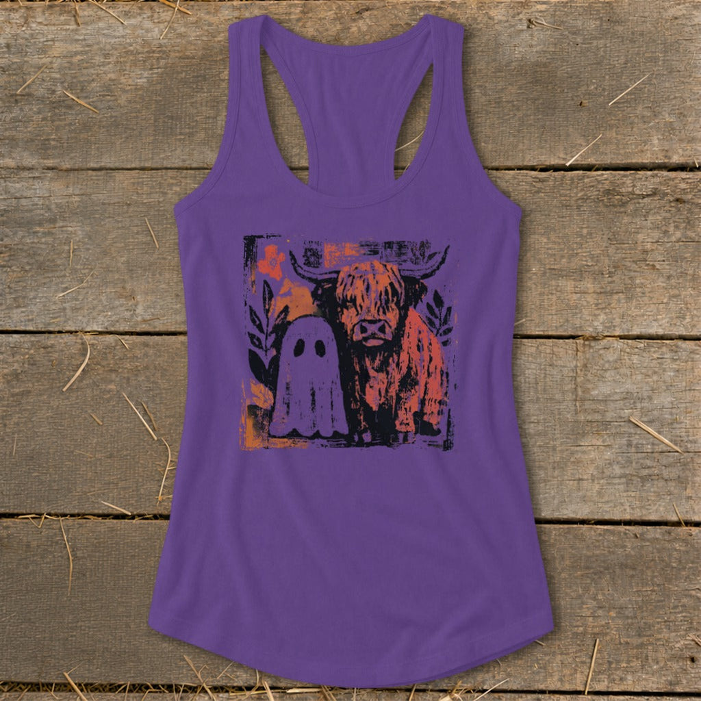 Cow and Ghostly Friend Racerback Tank