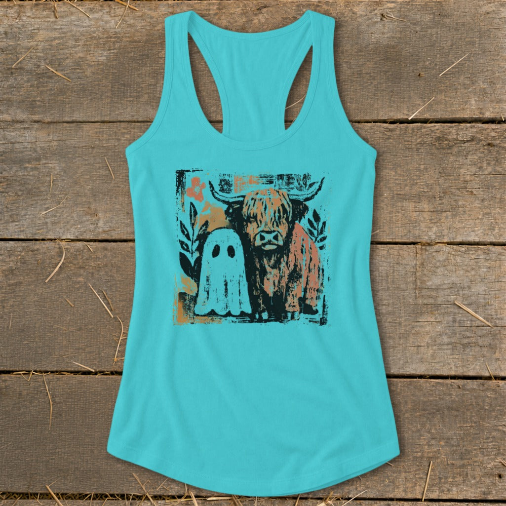 Cow and Ghostly Friend Racerback Tank