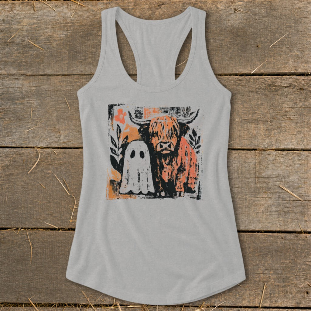 Cow and Ghostly Friend Racerback Tank
