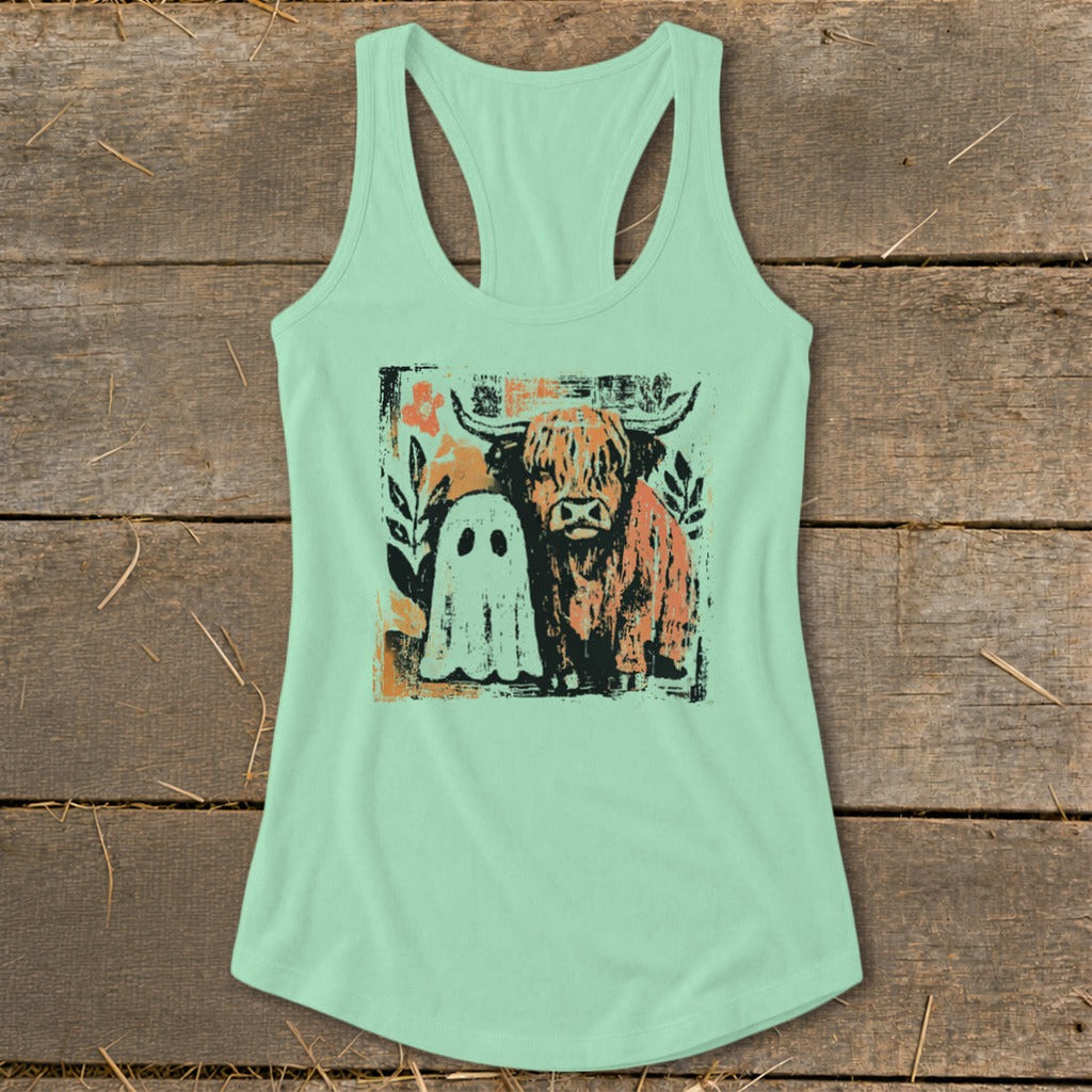 Cow and Ghostly Friend Racerback Tank
