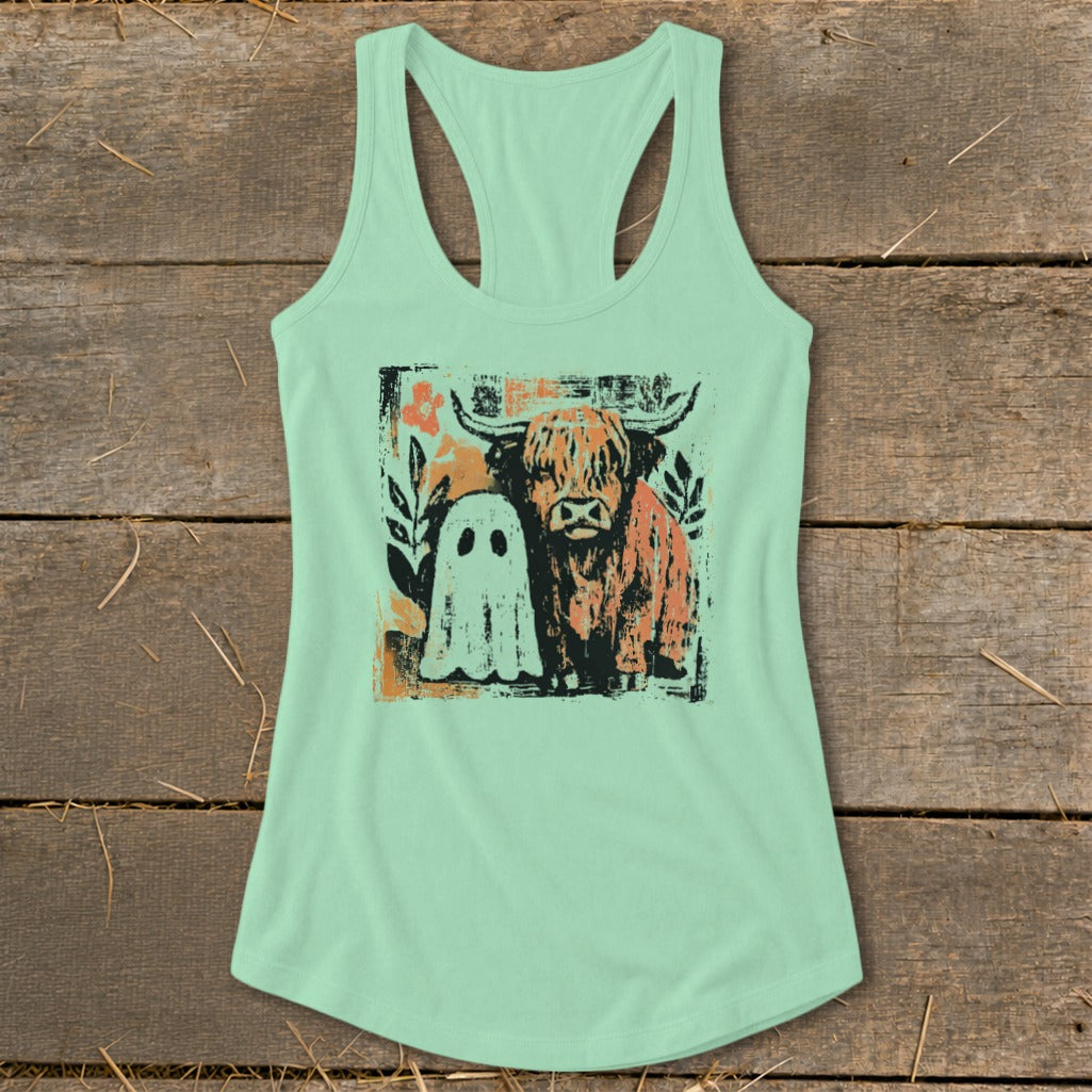 Cow and Ghostly Friend Racerback Tank