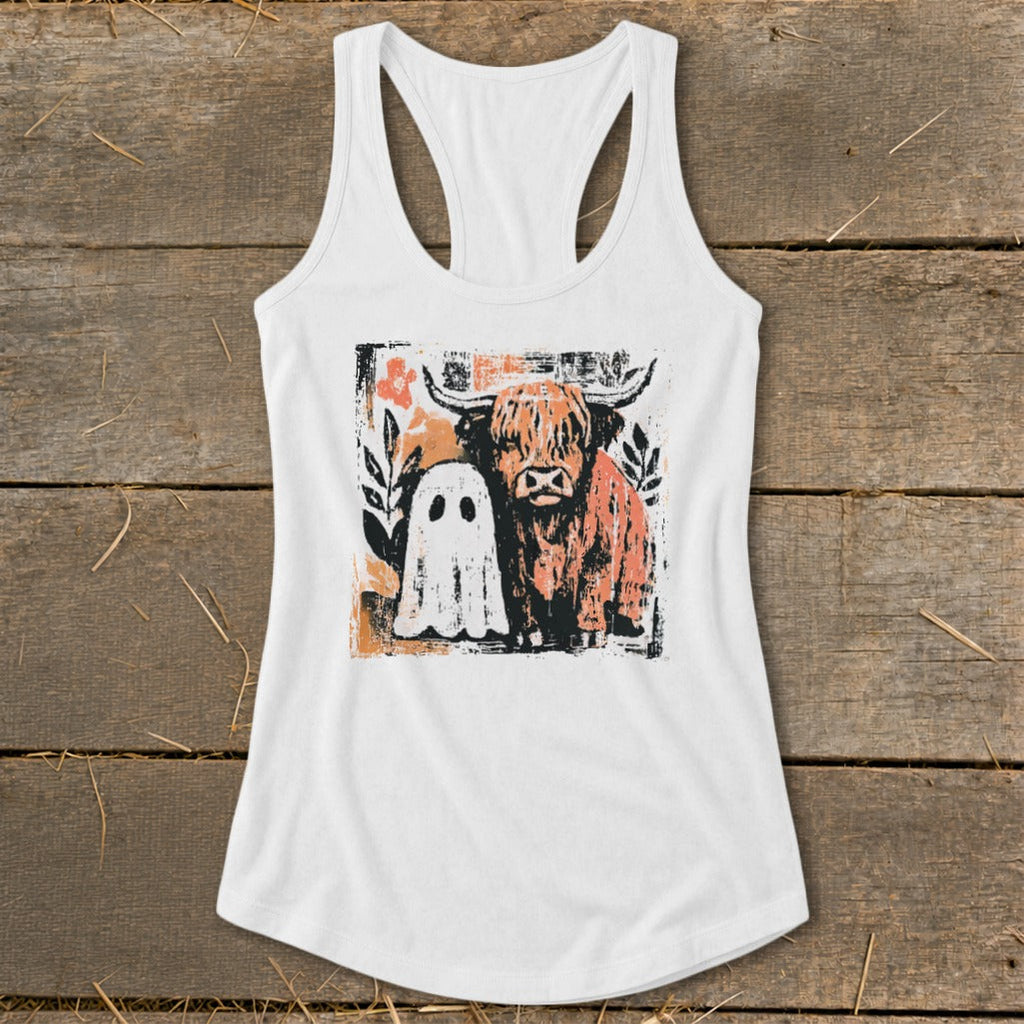 Cow and Ghostly Friend Racerback Tank