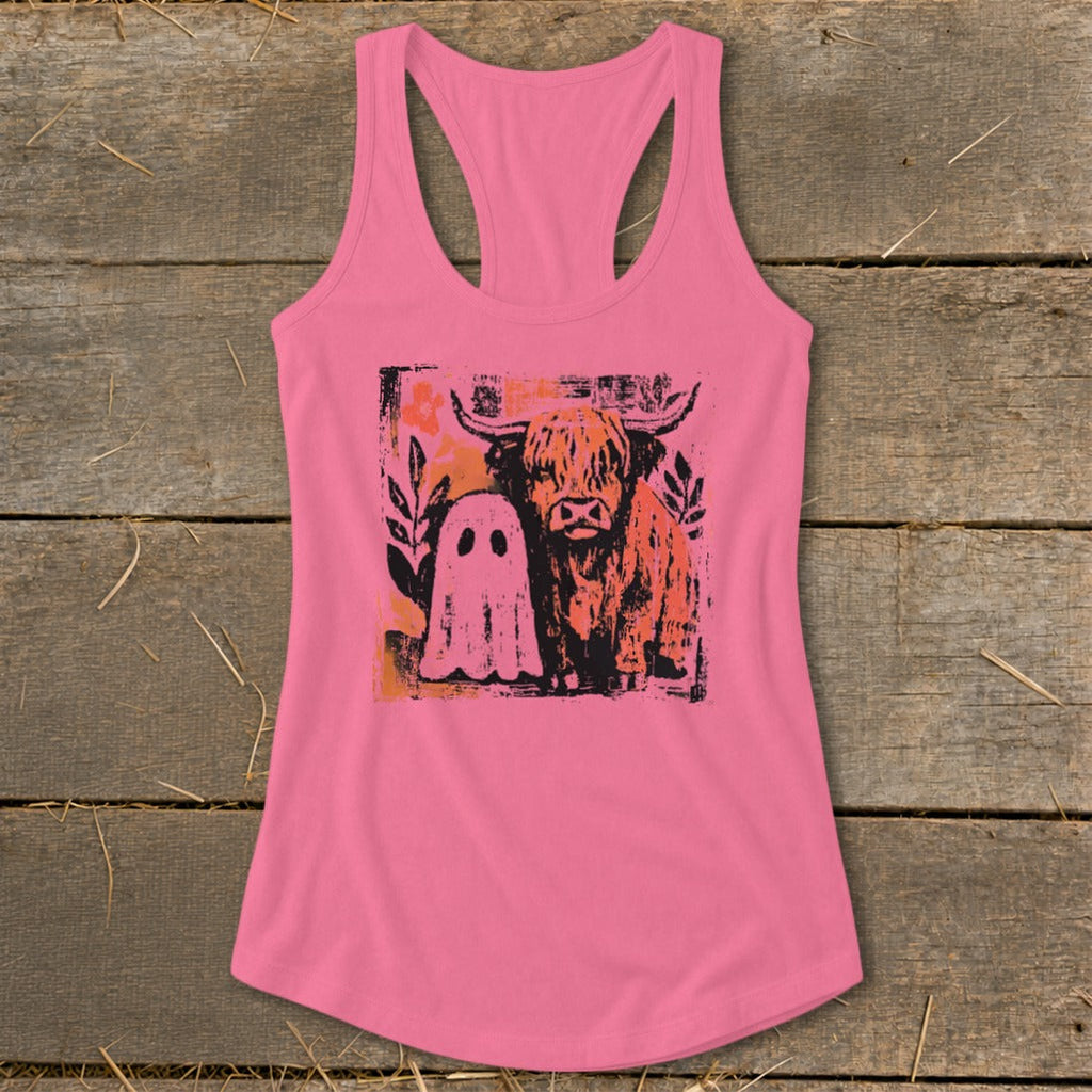 Cow and Ghostly Friend Racerback Tank