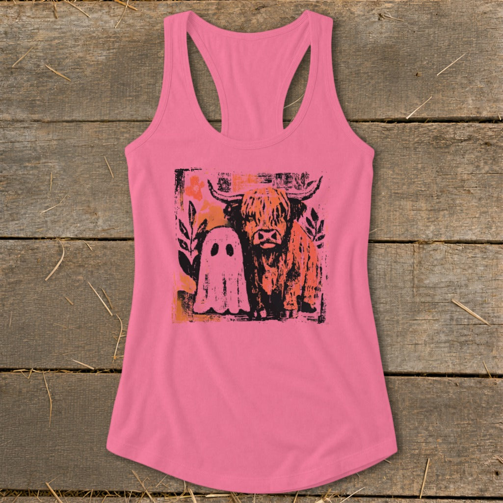 Cow and Ghostly Friend Racerback Tank