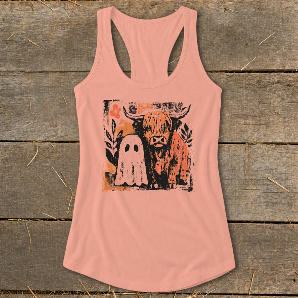 Cow and Ghostly Friend Racerback Tank
