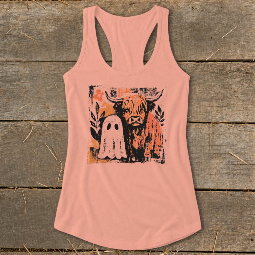 Cow and Ghostly Friend Racerback Tank