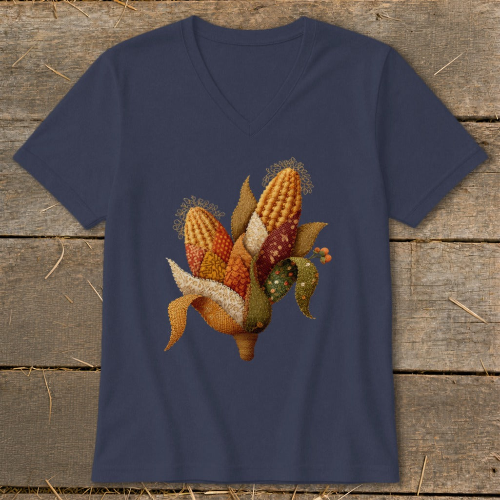 Faux Embroidery Corn Stalk V-neck