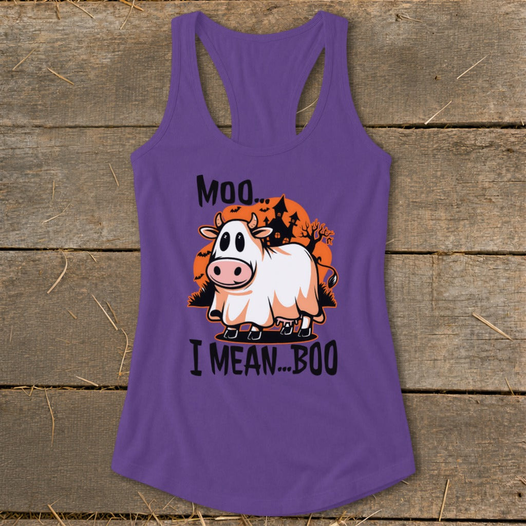 Halloween Moo I Mean Boo Cow Racerback Tank