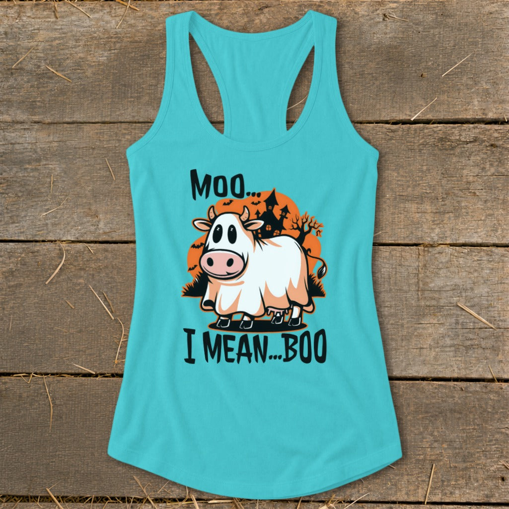 Halloween Moo I Mean Boo Cow Racerback Tank