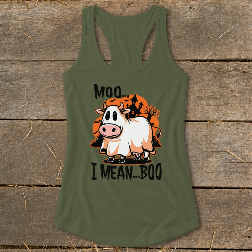Halloween Moo I Mean Boo Cow Racerback Tank