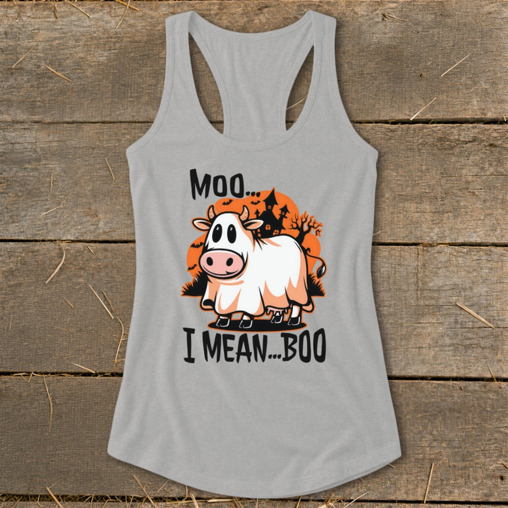 Halloween Moo I Mean Boo Cow Racerback Tank