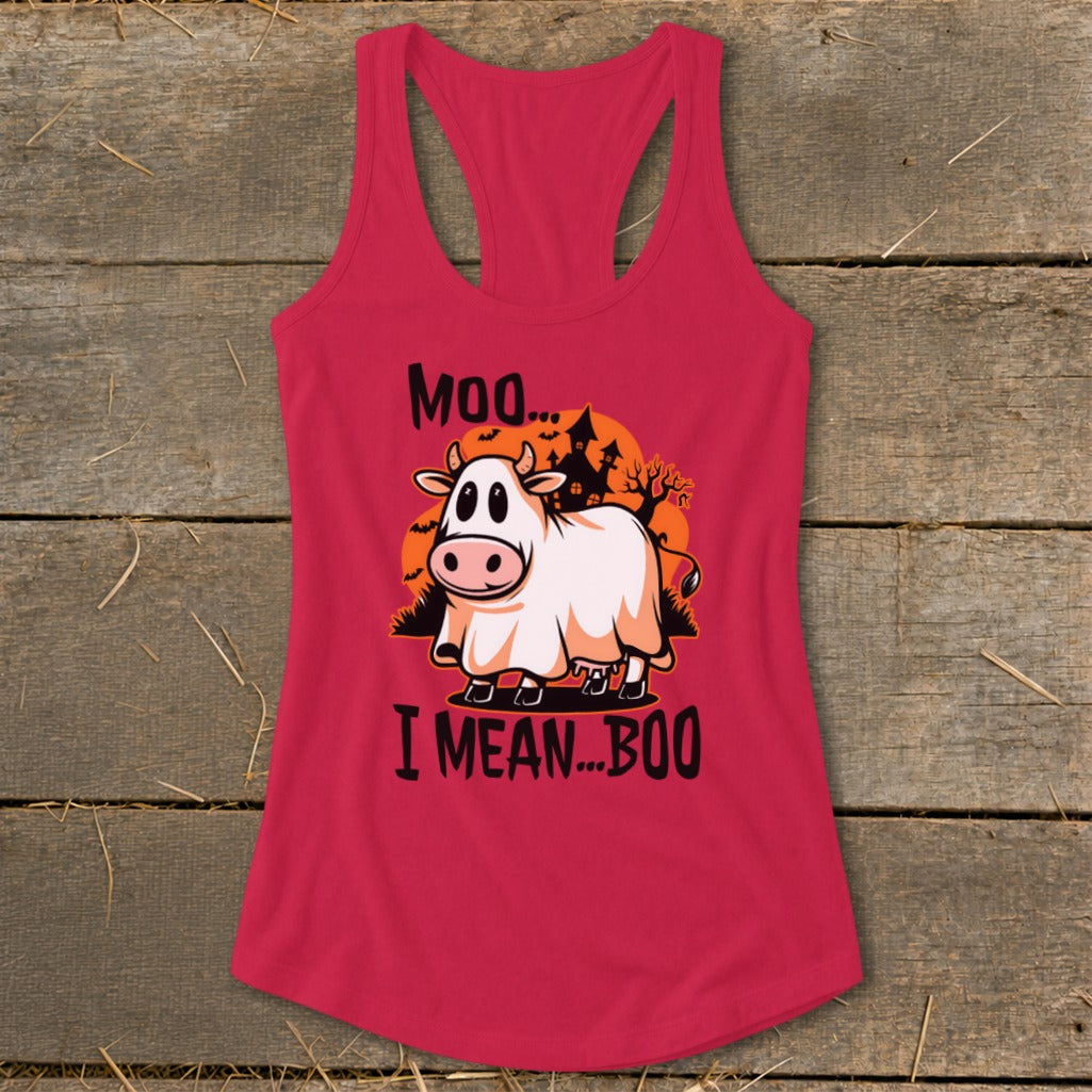 Halloween Moo I Mean Boo Cow Racerback Tank