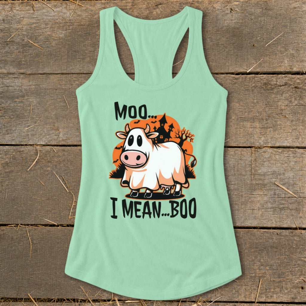 Halloween Moo I Mean Boo Cow Racerback Tank