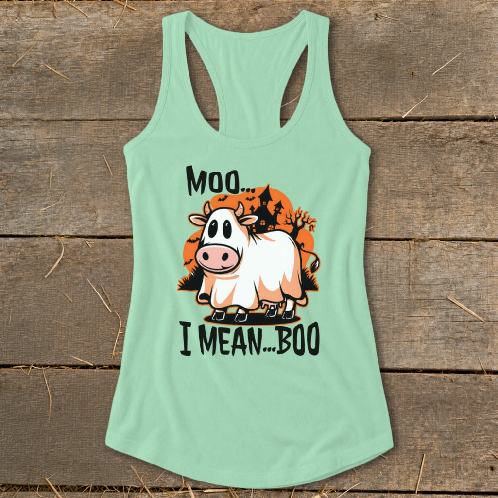 Halloween Moo I Mean Boo Cow Racerback Tank