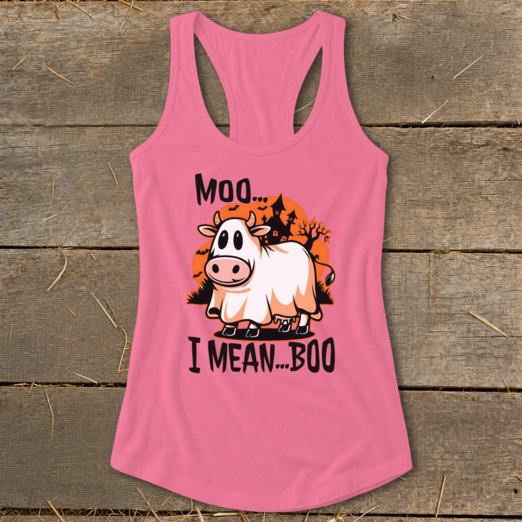 Halloween Moo I Mean Boo Cow Racerback Tank