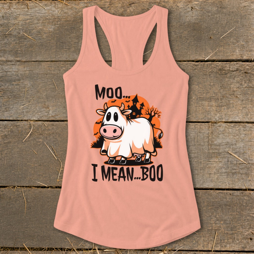 Halloween Moo I Mean Boo Cow Racerback Tank