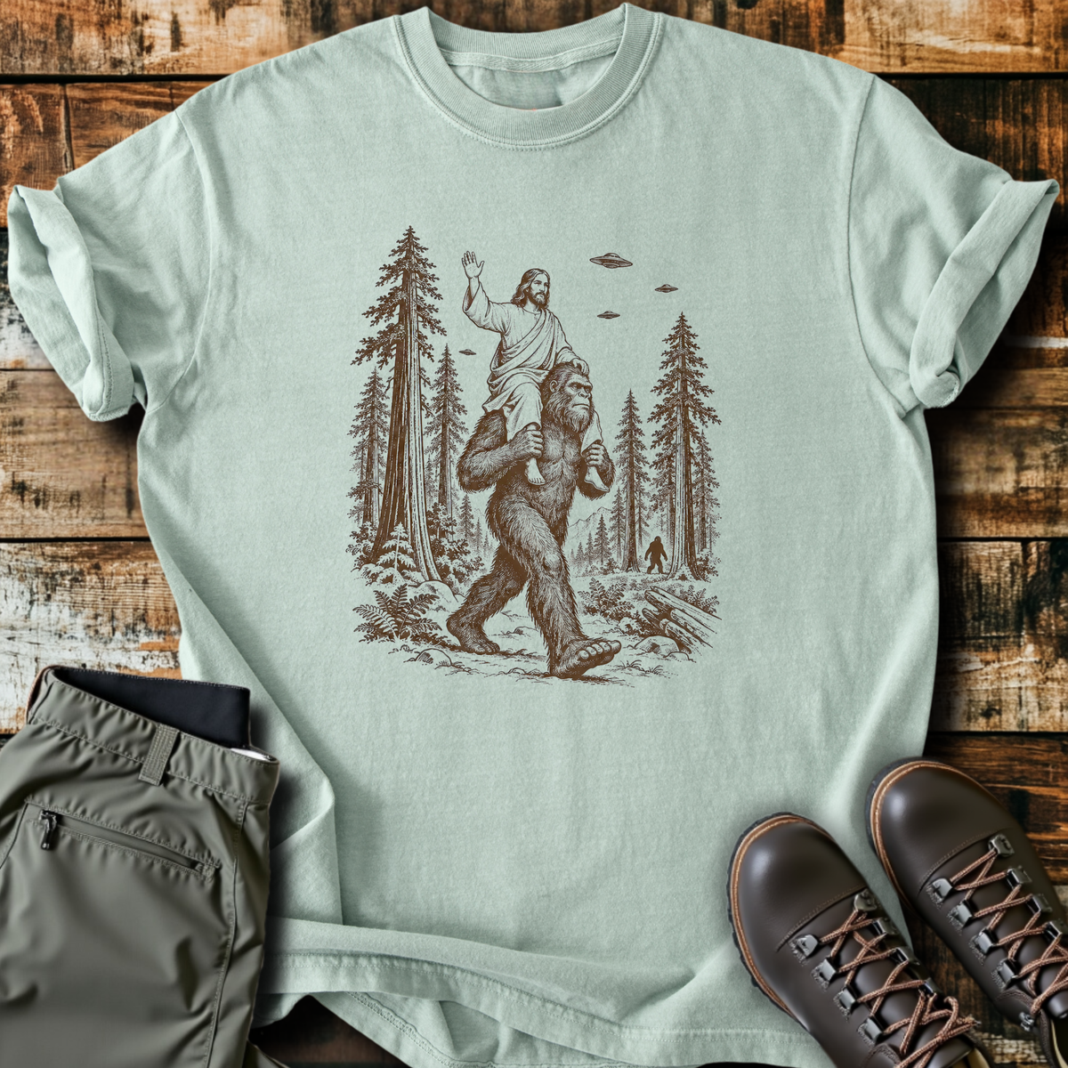 Jesus On Bigfoot's Shoulders T-Shirt product image 5