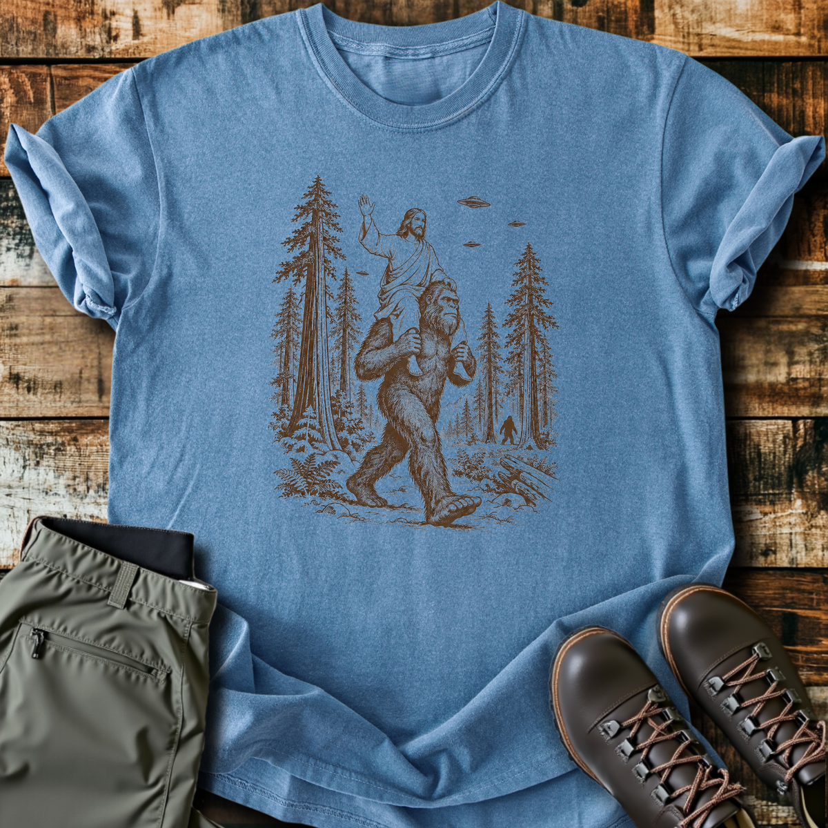 Jesus On Bigfoot's Shoulders T-Shirt product image 1