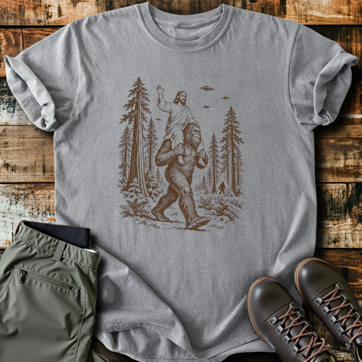 Jesus On Bigfoot's Shoulders T-Shirt product image 2