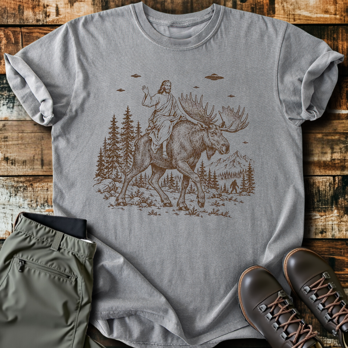 Jesus Riding A Moose T-Shirt product image 4