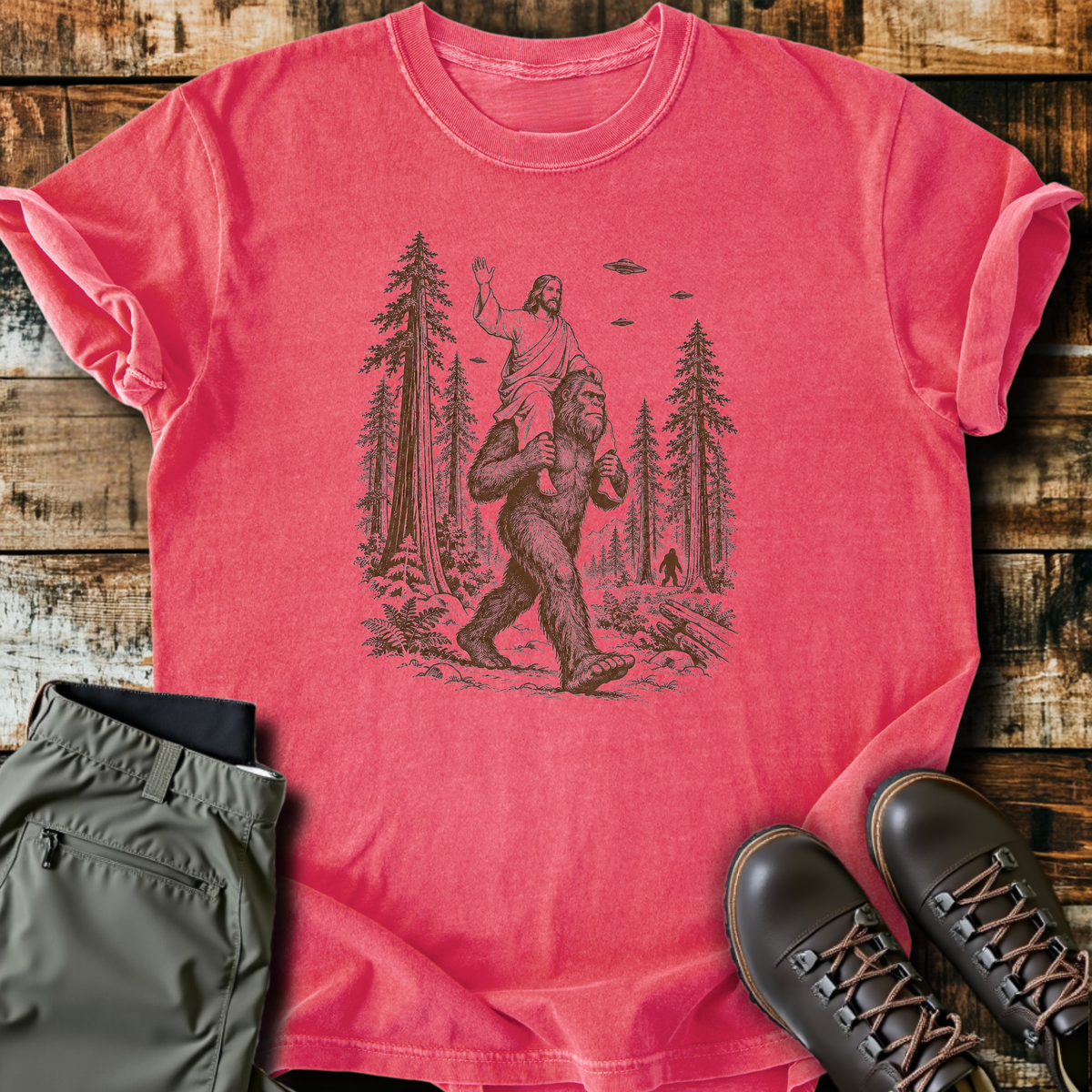 Jesus On Bigfoot's Shoulders T-Shirt product image 4
